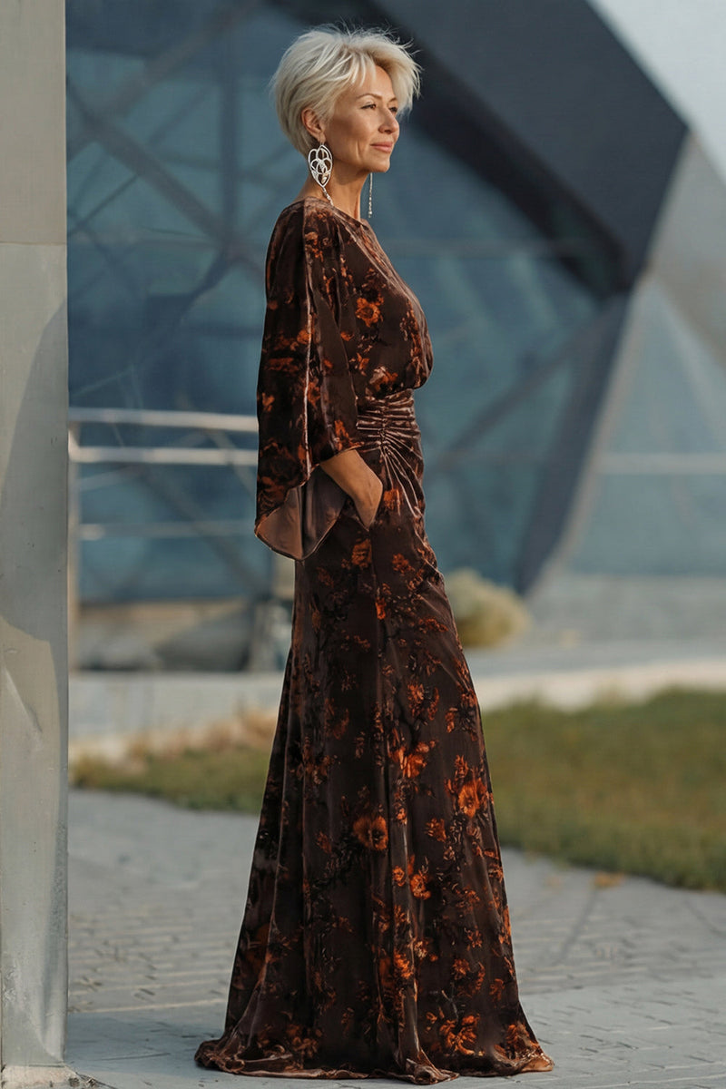 Load image into Gallery viewer, Floral Brown Boat Neck Sheath Long Mother of the Bride Dress with Pockets