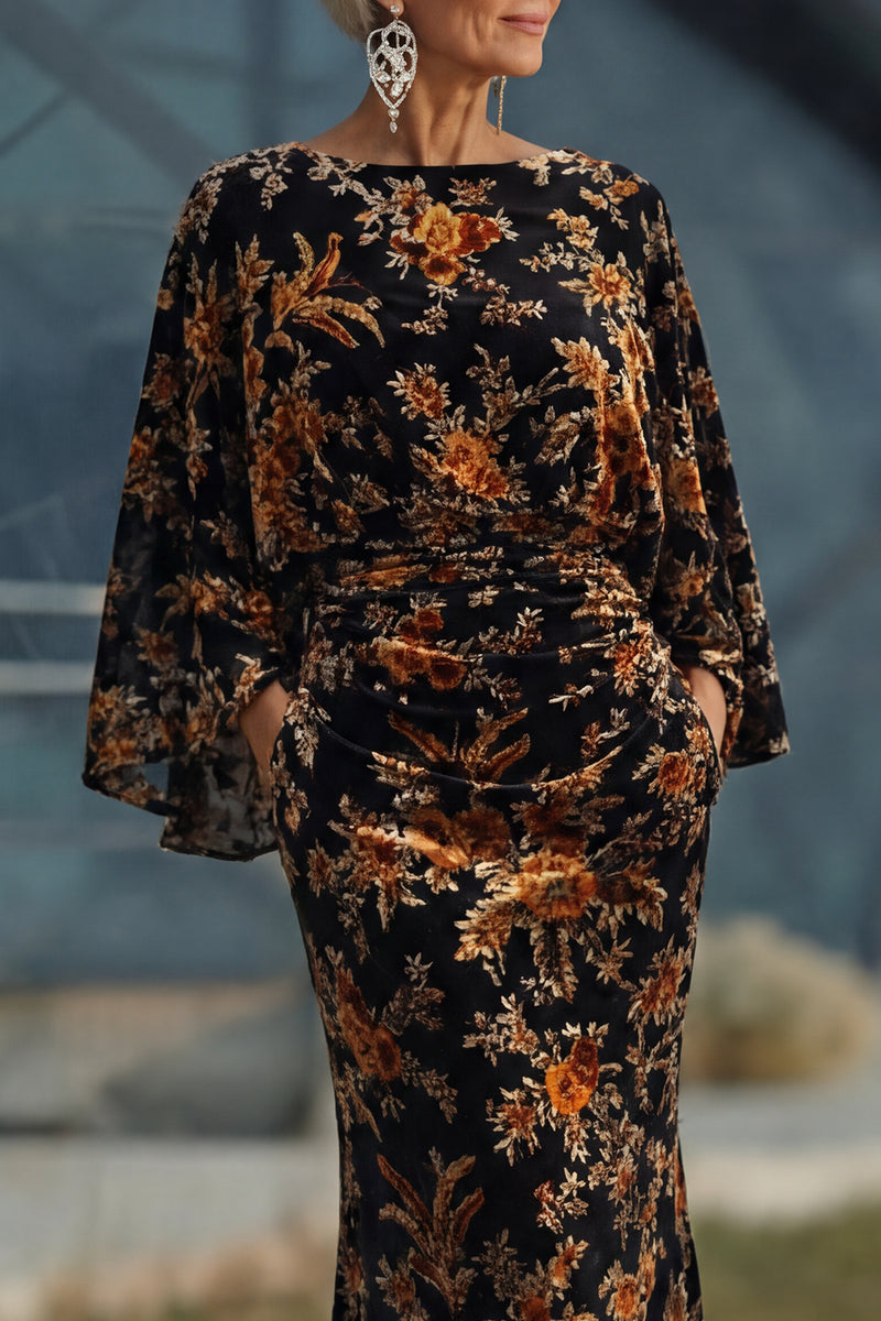 Load image into Gallery viewer, Floral Brown Boat Neck Sheath Long Mother of the Bride Dress with Pockets