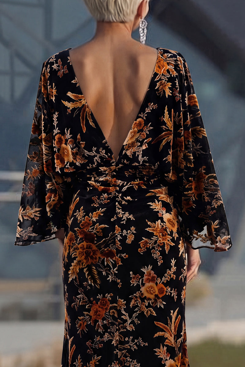 Load image into Gallery viewer, Floral Brown Boat Neck Sheath Long Mother of the Bride Dress with Pockets