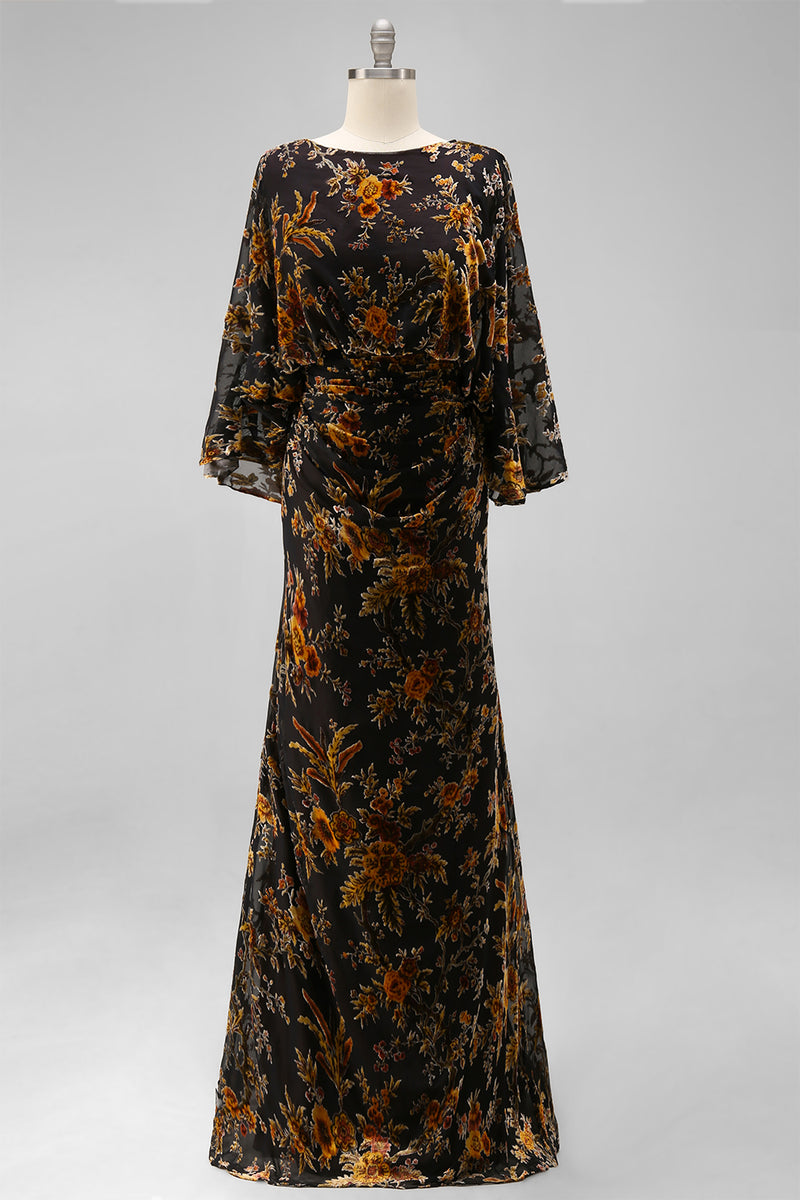 Load image into Gallery viewer, Floral Brown Boat Neck Sheath Long Mother of the Bride Dress with Pockets