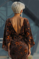 Load image into Gallery viewer, Floral Brown Boat Neck Sheath Long Mother of the Bride Dress with Pockets