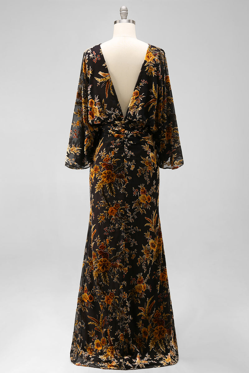 Load image into Gallery viewer, Floral Brown Boat Neck Sheath Long Mother of the Bride Dress with Pockets