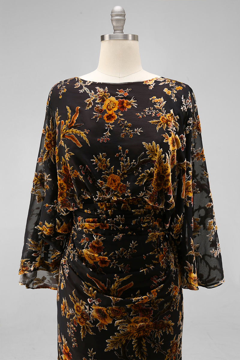 Load image into Gallery viewer, Floral Brown Boat Neck Sheath Long Mother of the Bride Dress with Pockets