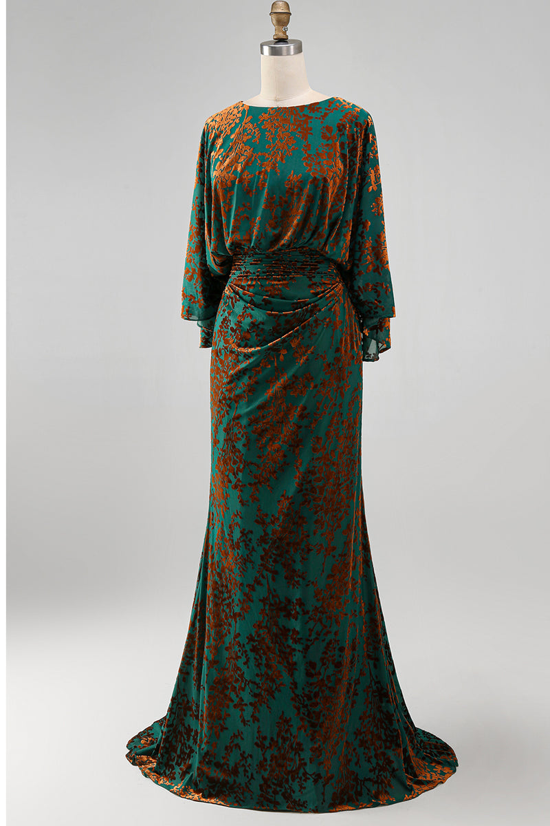 Load image into Gallery viewer, Floral Dark Green Sheath Velvet Boat Neck Long Mother of the Bride Dress with Pockets