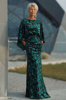 Load image into Gallery viewer, Floral Peacock Blue Boat Neck Velvet Sheath Long Mother of the Bride Dress with Pockets