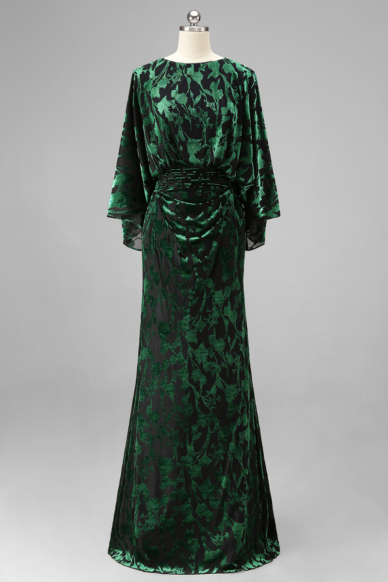 Load image into Gallery viewer, Floral Peacock Blue Boat Neck Velvet Sheath Long Mother of the Bride Dress with Pockets