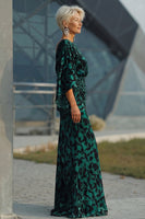 Load image into Gallery viewer, Floral Peacock Blue Boat Neck Velvet Sheath Long Mother of the Bride Dress with Pockets