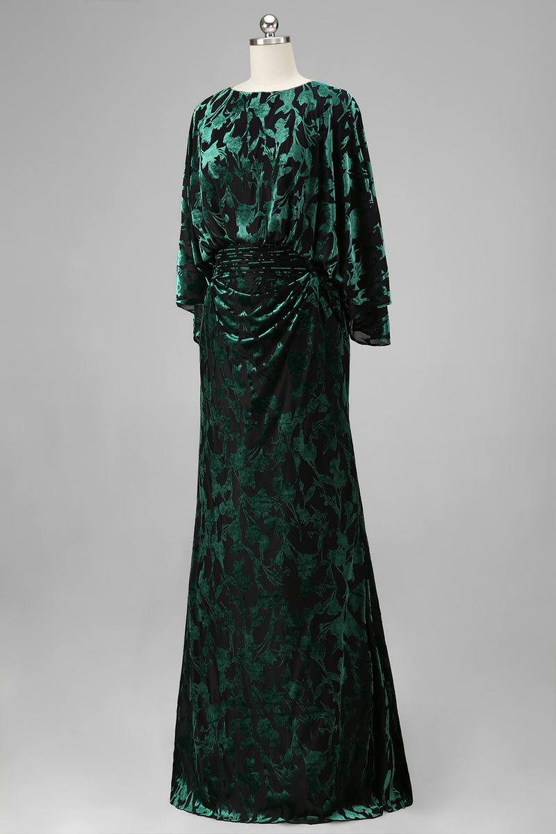 Load image into Gallery viewer, Floral Peacock Blue Boat Neck Velvet Sheath Long Mother of the Bride Dress with Pockets