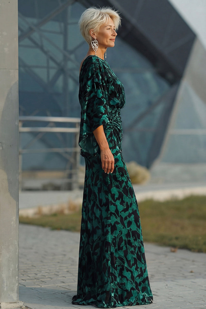 Load image into Gallery viewer, Floral Peacock Blue Boat Neck Velvet Sheath Long Mother of the Bride Dress with Pockets