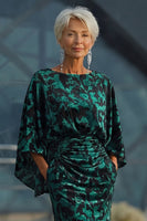 Load image into Gallery viewer, Floral Peacock Blue Boat Neck Velvet Sheath Long Mother of the Bride Dress with Pockets