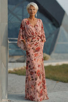 Load image into Gallery viewer, Floral Dusty Rose Chiffon V-Neck Sheath Long Mother of the Bride Dress with Pockets