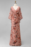 Load image into Gallery viewer, Floral Dusty Rose Chiffon V-Neck Sheath Long Mother of the Bride Dress with Pockets