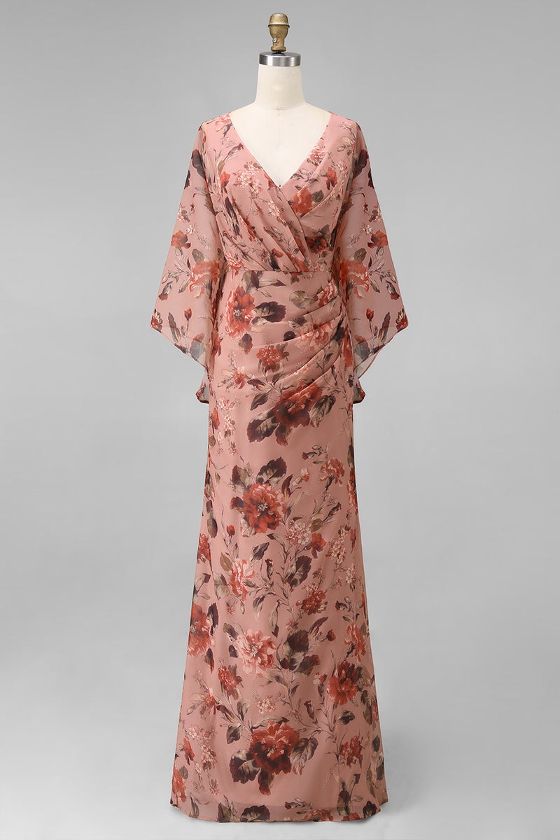 Load image into Gallery viewer, Floral Dusty Rose Chiffon V-Neck Sheath Long Mother of the Bride Dress with Pockets
