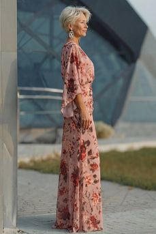 Floral Dusty Rose Chiffon V-Neck Sheath Long Mother of the Bride Dress with Pockets