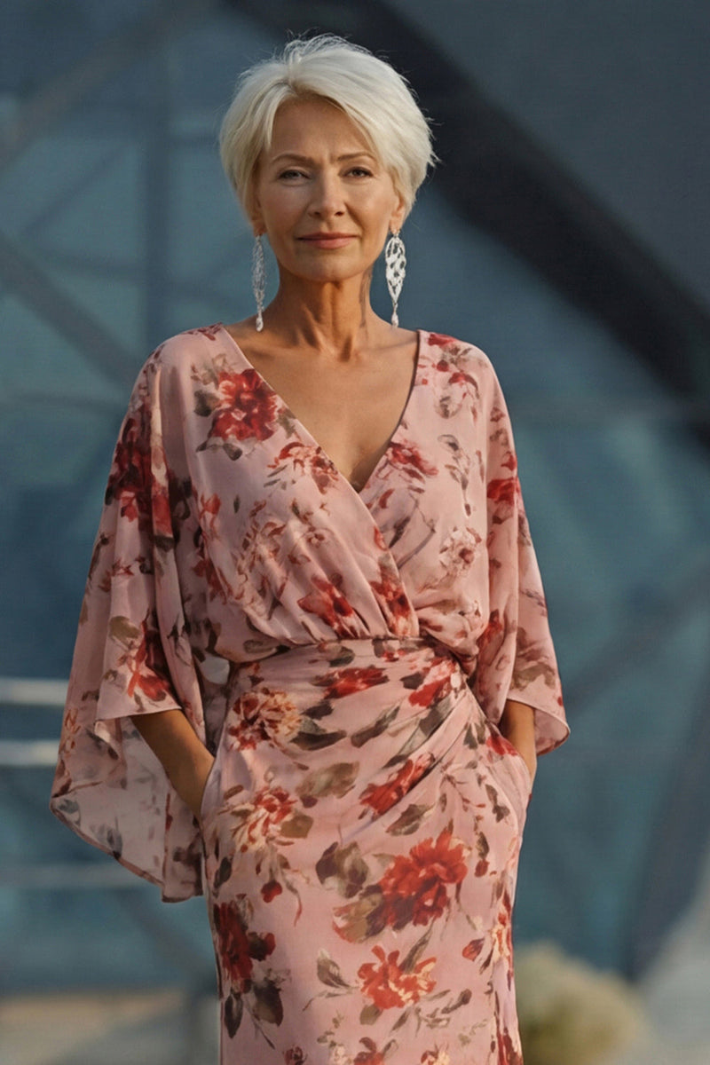 Load image into Gallery viewer, Floral Dusty Rose Chiffon V-Neck Sheath Long Mother of the Bride Dress with Pockets