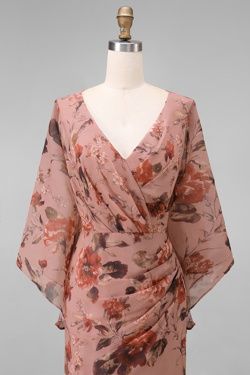 Load image into Gallery viewer, Floral Dusty Rose Chiffon V-Neck Sheath Long Mother of the Bride Dress with Pockets