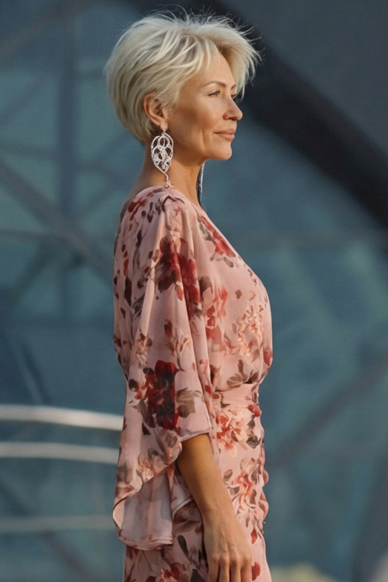 Load image into Gallery viewer, Floral Dusty Rose Chiffon V-Neck Sheath Long Mother of the Bride Dress with Pockets