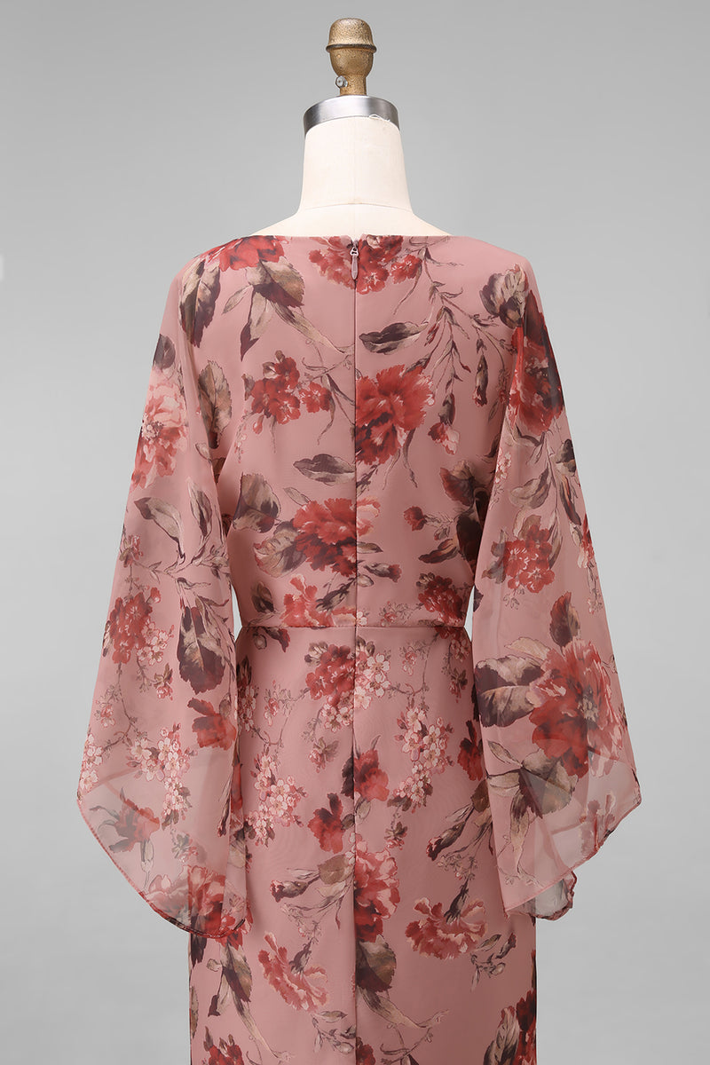 Load image into Gallery viewer, Floral Dusty Rose Chiffon V-Neck Sheath Long Mother of the Bride Dress with Pockets