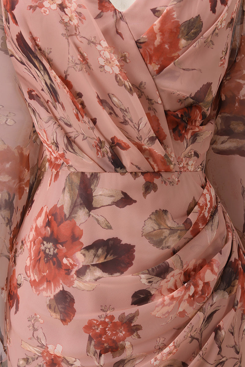 Load image into Gallery viewer, Floral Dusty Rose Chiffon V-Neck Sheath Long Mother of the Bride Dress with Pockets
