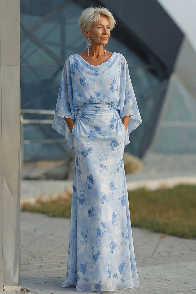 Load image into Gallery viewer, Floral Light Blue Chiffon Sheath Ruched Long Mother of the Bride Dress with Pockets