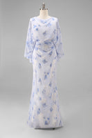 Load image into Gallery viewer, Floral Light Blue Chiffon Sheath Ruched Long Mother of the Bride Dress with Pockets