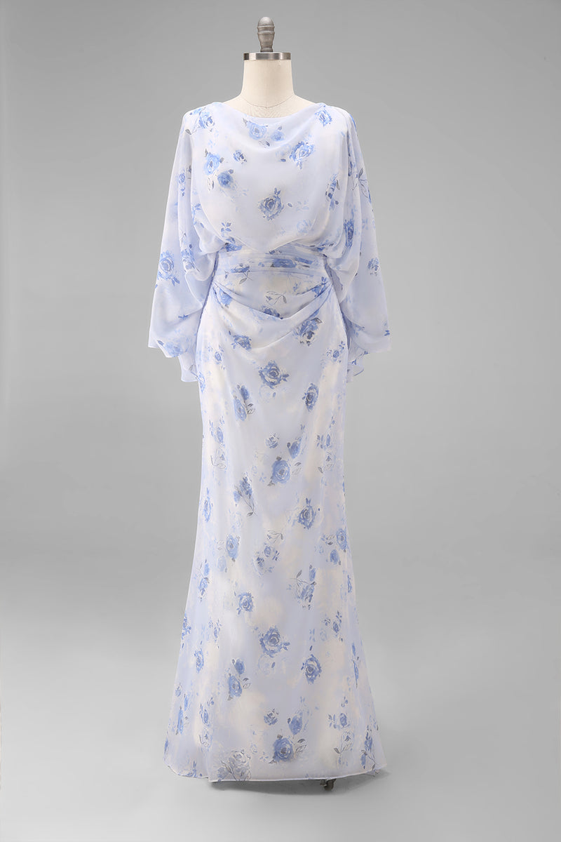 Load image into Gallery viewer, Floral Light Blue Chiffon Sheath Ruched Long Mother of the Bride Dress with Pockets