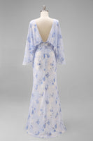 Load image into Gallery viewer, Floral Light Blue Chiffon Sheath Ruched Long Mother of the Bride Dress with Pockets