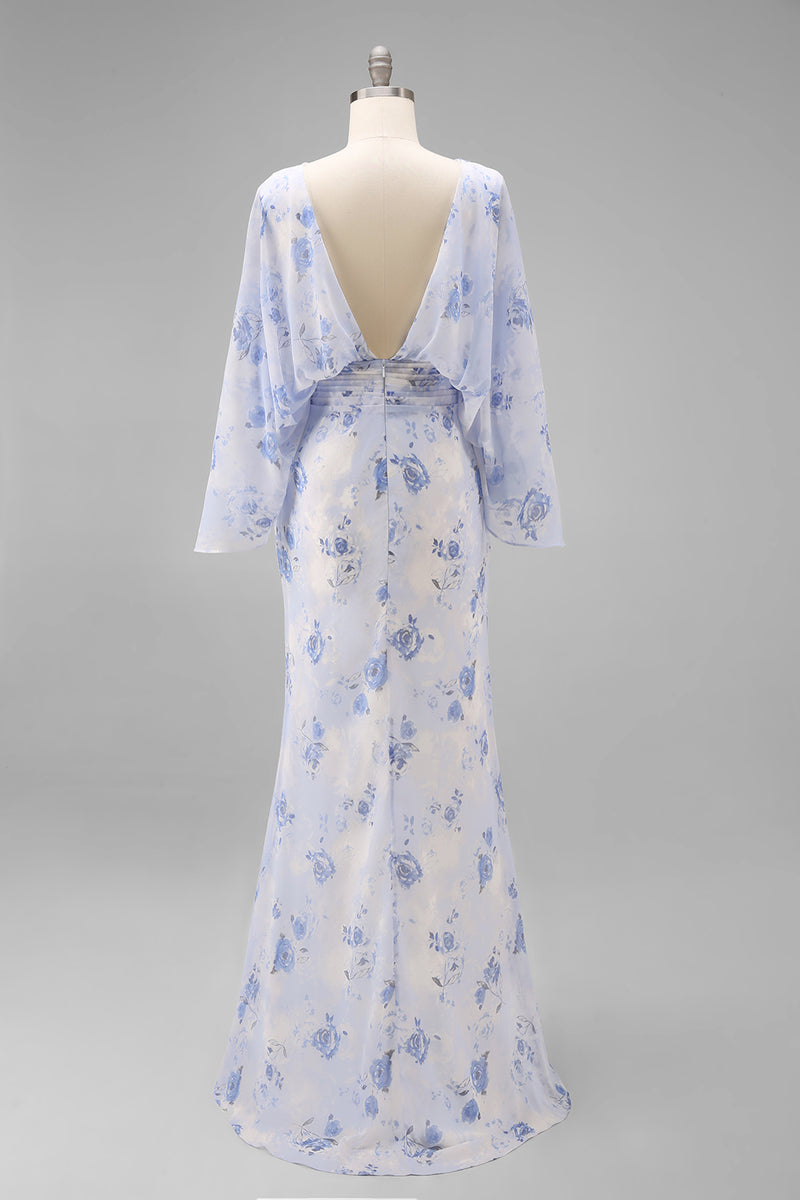 Queendancer Women Floral Light Blue Chiffon Long Mother of the Bride Dress  with Pockets Sheath Backless Ruched Cowl Neck Mother of the Groom Dress  with Sleeves – queendanceruk