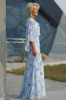 Load image into Gallery viewer, Floral Light Blue Chiffon Sheath Ruched Long Mother of the Bride Dress with Pockets
