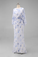 Load image into Gallery viewer, Floral Light Blue Chiffon Sheath Ruched Long Mother of the Bride Dress with Pockets