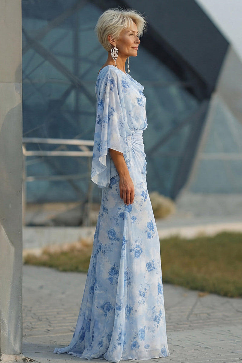 Load image into Gallery viewer, Floral Light Blue Chiffon Sheath Ruched Long Mother of the Bride Dress with Pockets