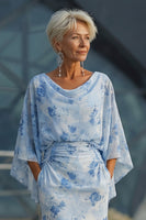 Load image into Gallery viewer, Floral Light Blue Chiffon Sheath Ruched Long Mother of the Bride Dress with Pockets