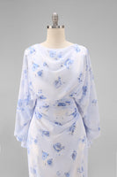 Load image into Gallery viewer, Floral Light Blue Chiffon Sheath Ruched Long Mother of the Bride Dress with Pockets