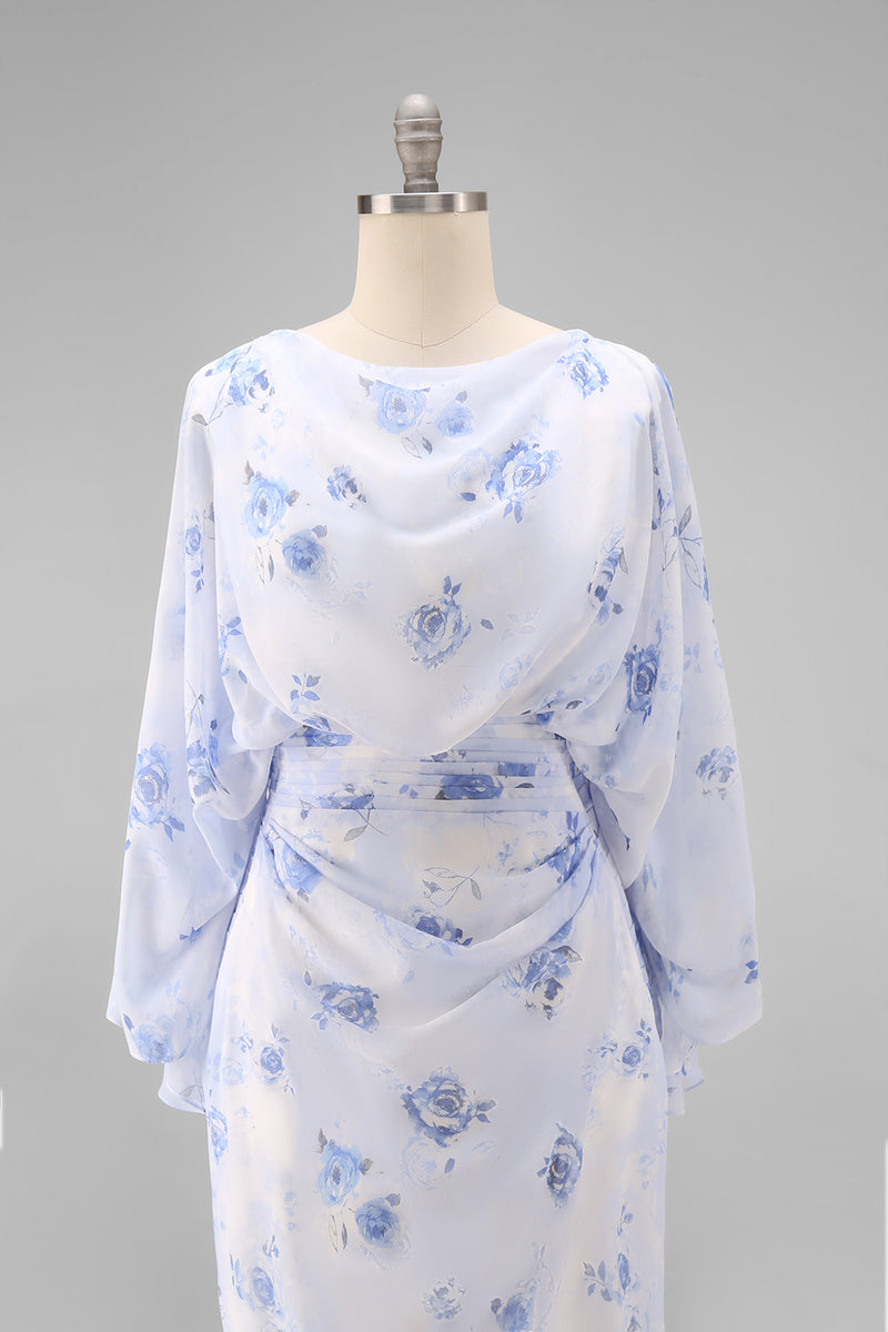 Load image into Gallery viewer, Floral Light Blue Chiffon Sheath Ruched Long Mother of the Bride Dress with Pockets