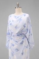 Load image into Gallery viewer, Floral Light Blue Chiffon Sheath Ruched Long Mother of the Bride Dress with Pockets