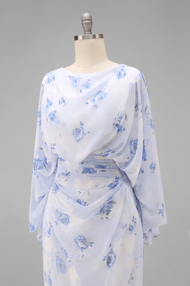 Load image into Gallery viewer, Floral Light Blue Chiffon Sheath Ruched Long Mother of the Bride Dress with Pockets