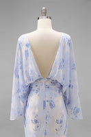 Load image into Gallery viewer, Floral Light Blue Chiffon Sheath Ruched Long Mother of the Bride Dress with Pockets