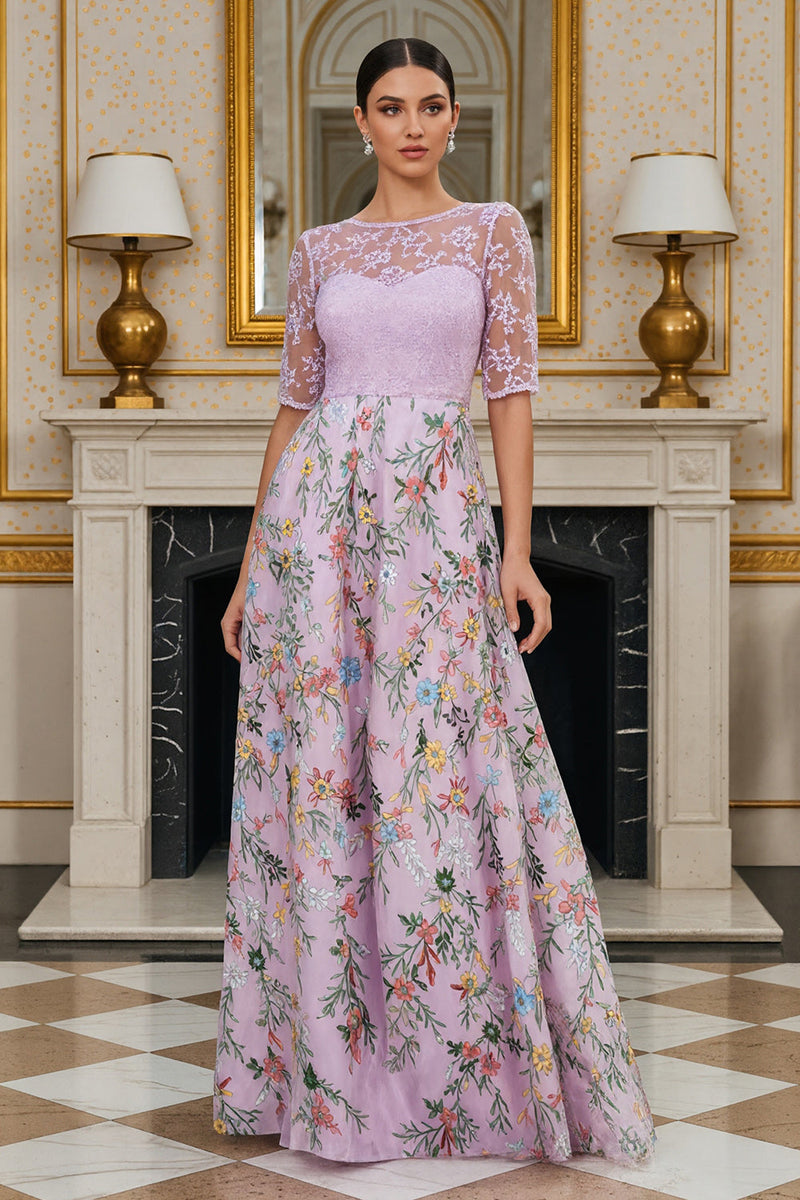 Load image into Gallery viewer, Dusty Rose Floral A Line Lace Long Mother of the Bride Dress with Sleeves