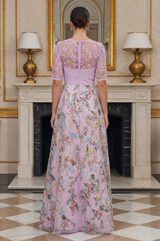 Dusty Rose Floral A Line Lace Long Mother of the Bride Dress with Sleeves