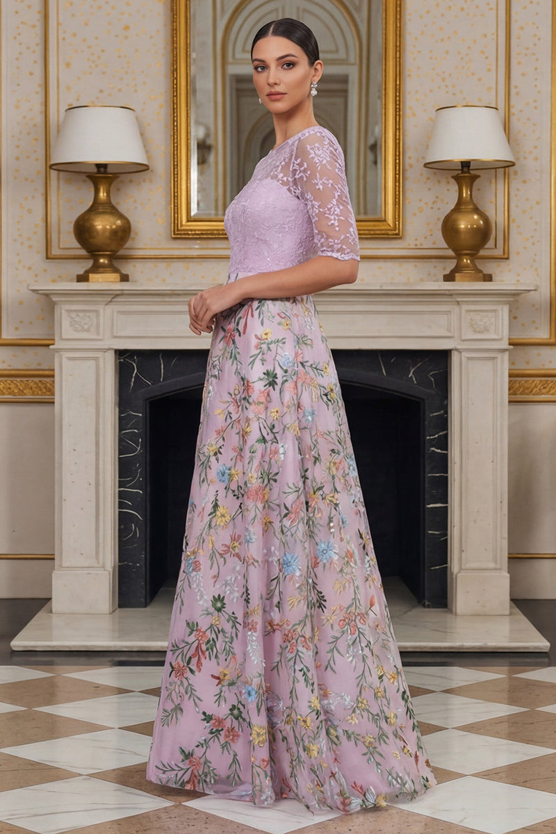 Load image into Gallery viewer, Dusty Rose Floral A Line Lace Long Mother of the Bride Dress with Sleeves