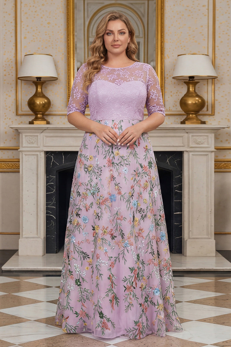 Load image into Gallery viewer, Dusty Rose Floral A Line Lace Long Mother of the Bride Dress with Sleeves
