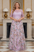 Load image into Gallery viewer, Dusty Rose Plus Size Floral Lace A Line Long Mother of the Bride Dress with Sleeves