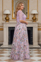 Load image into Gallery viewer, Dusty Rose Plus Size Floral Lace A Line Long Mother of the Bride Dress with Sleeves