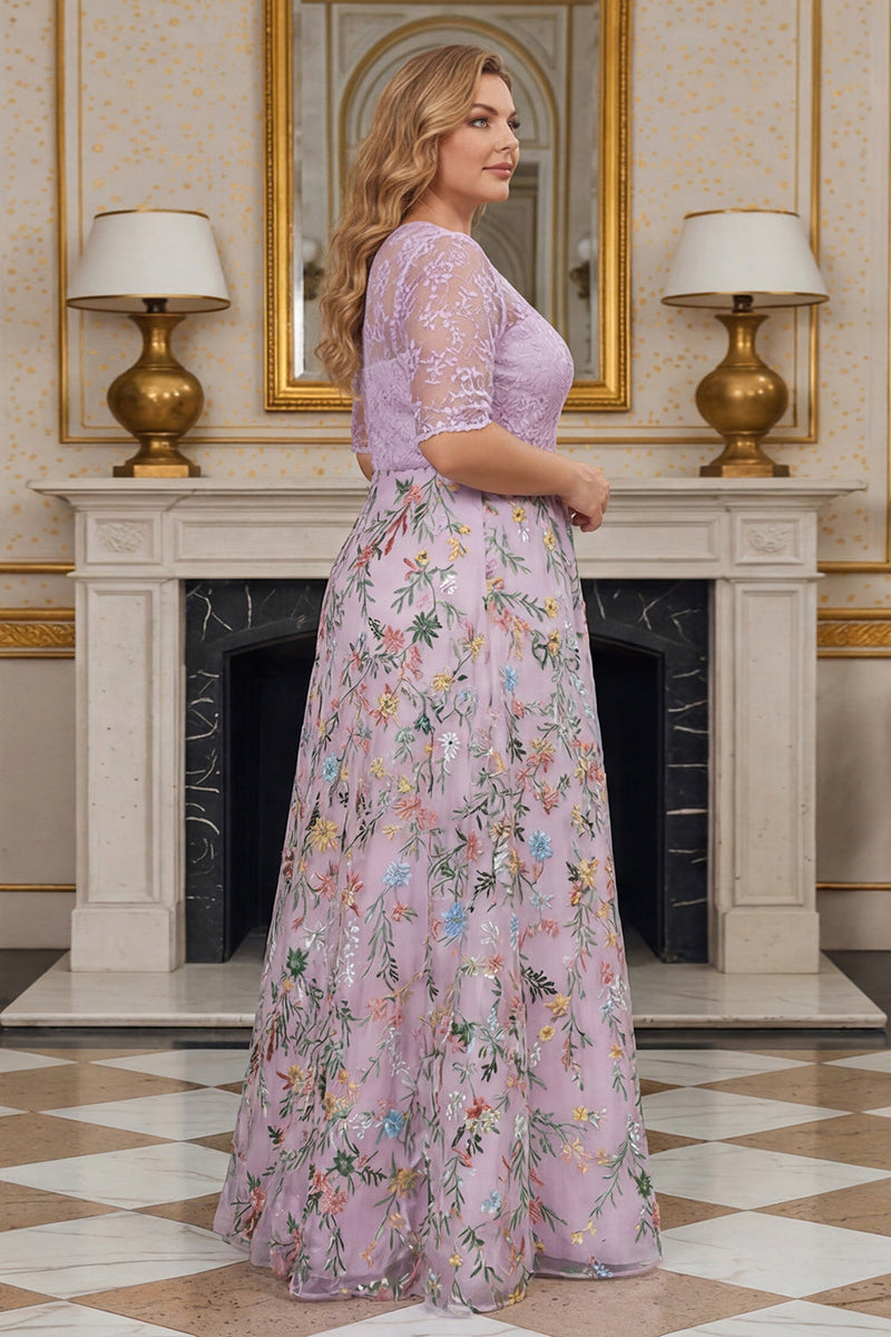 Load image into Gallery viewer, Dusty Rose Plus Size Floral Lace A Line Long Mother of the Bride Dress with Sleeves