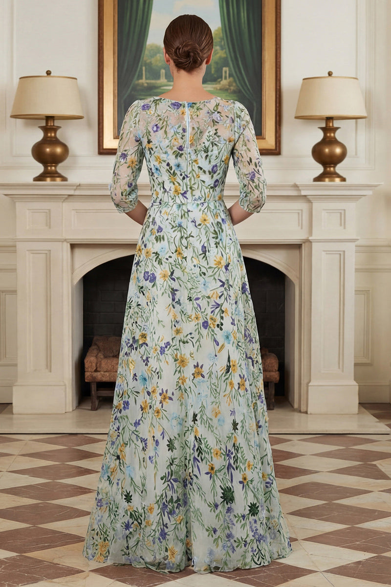 Load image into Gallery viewer, Lace Green Floral A Line Long Mother of the Bride Dress with Sleeves