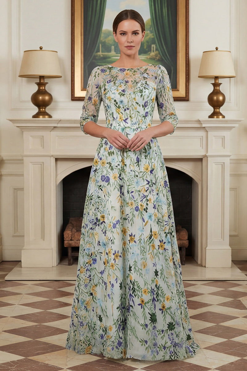 Load image into Gallery viewer, Lace Green Floral A Line Long Mother of the Bride Dress with Sleeves