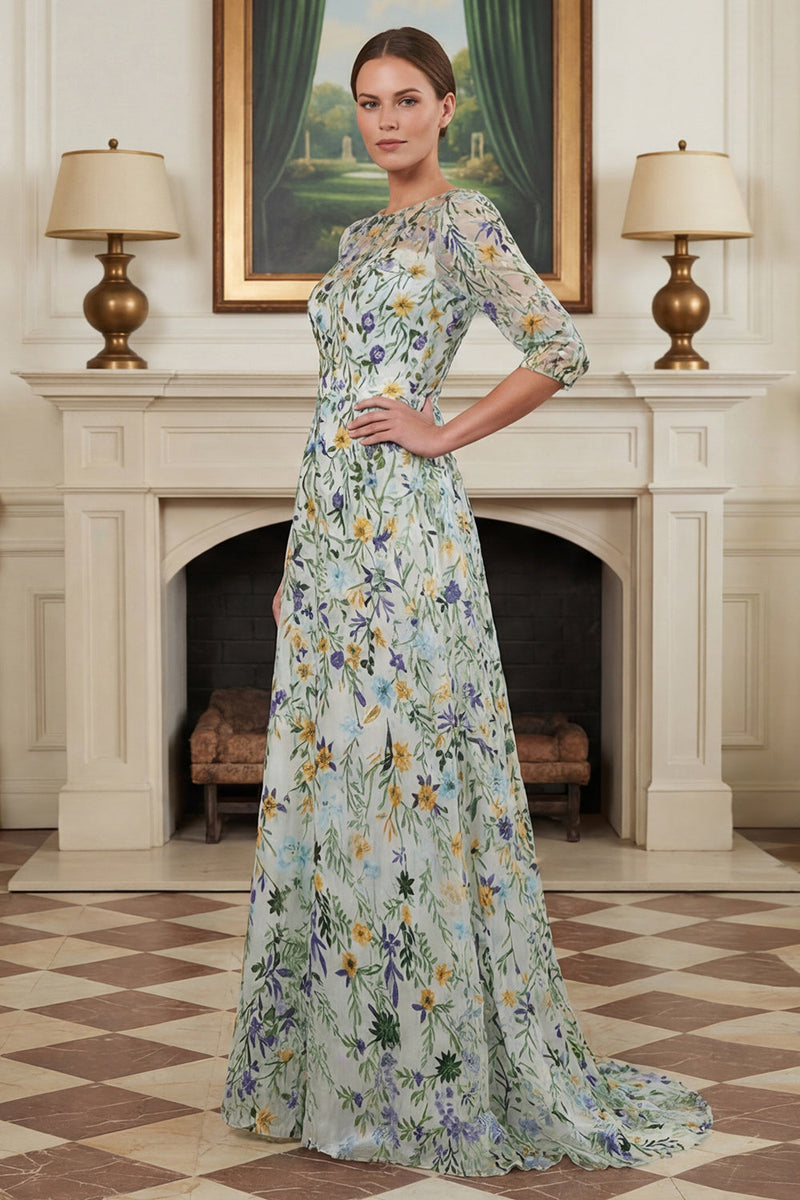 Load image into Gallery viewer, Lace Green Floral A Line Long Mother of the Bride Dress with Sleeves