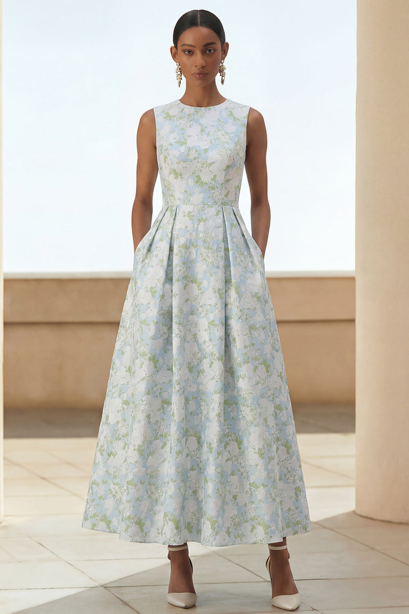 Load image into Gallery viewer, White Blue Floral A Line Round Neck Maxi Formal Dress