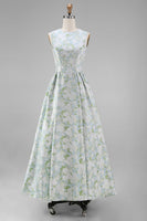 Load image into Gallery viewer, White Blue Floral A Line Round Neck Maxi Formal Dress