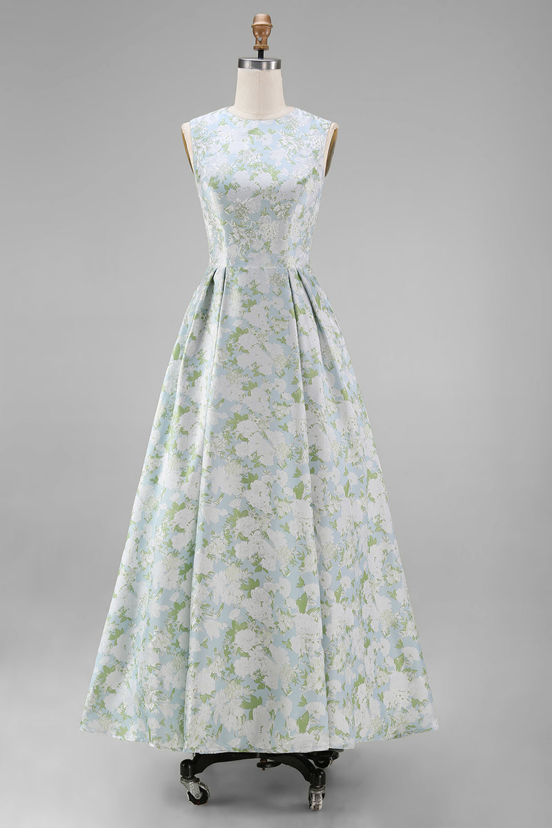 Load image into Gallery viewer, White Blue Floral A Line Round Neck Maxi Formal Dress